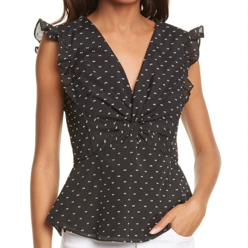 Rebecca Taylor Black Twist Front Cap Sleeve Birdseye Dot Top Size 4